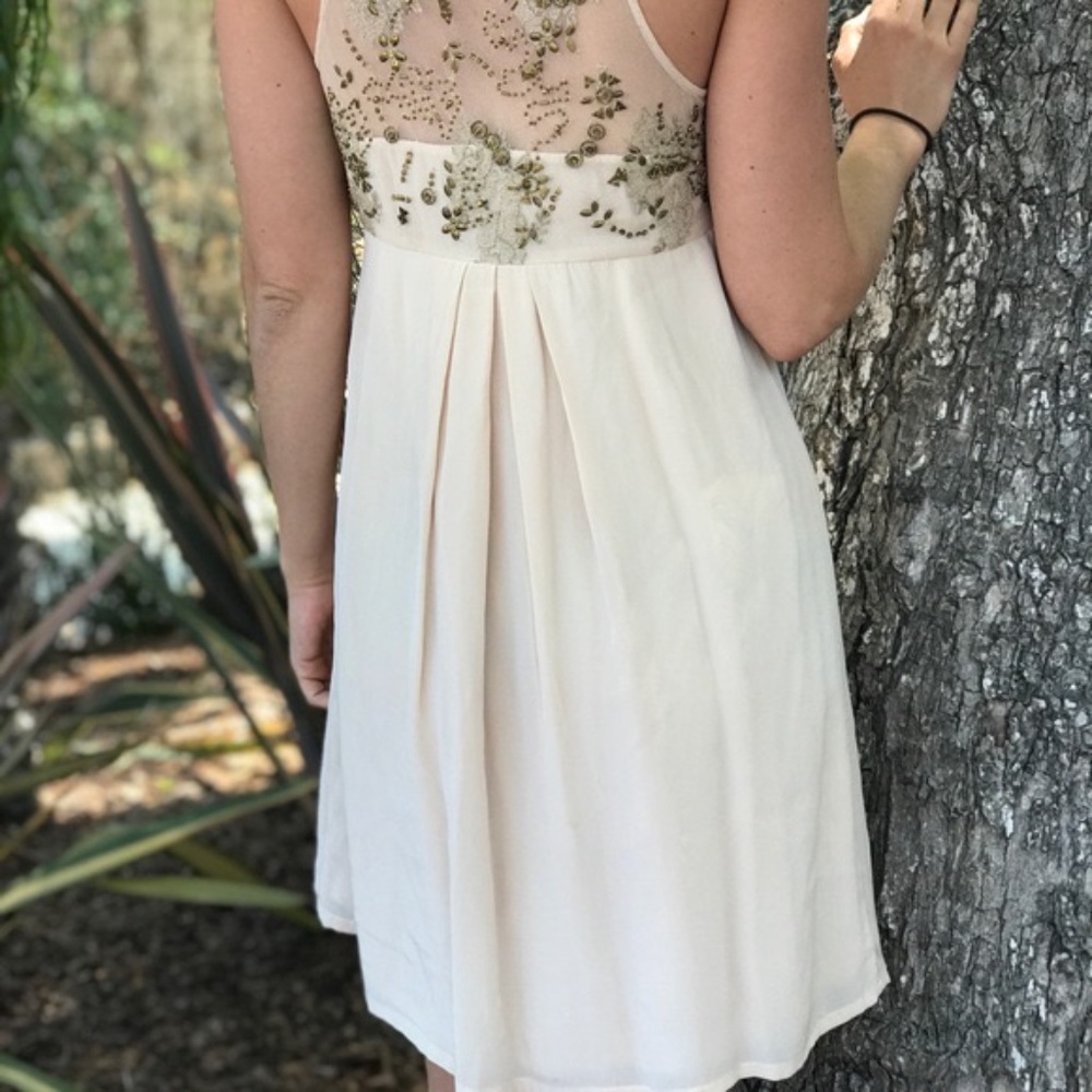Silk Nude/Gold Beaded Dress - Anthropology